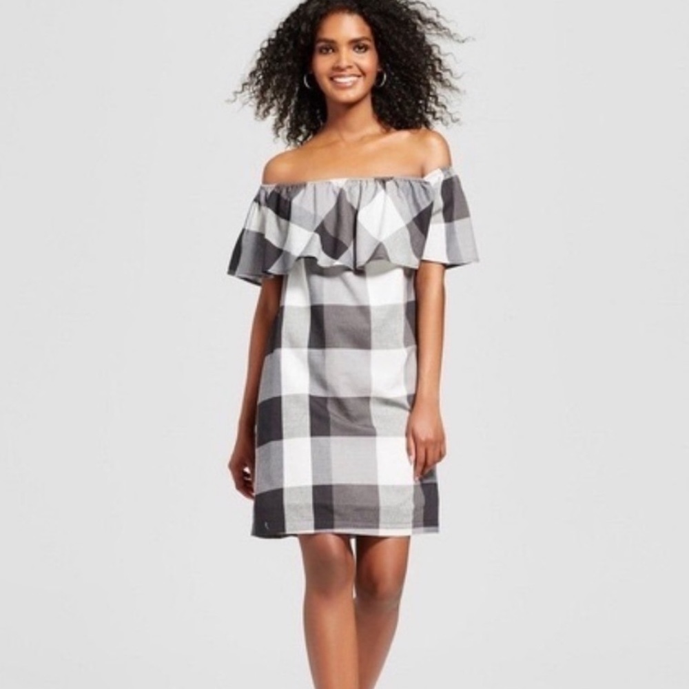 NWT Who What Wear Plaid Off the Shoulder Mini Dress Womens Size XS Black…